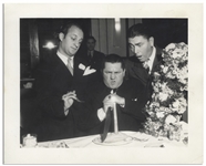 Moe Howard Personally Owned 10 x 8 Matte Publicity Photo From 1934 of Moe, Larry & Curly Practicing How to Carve a roll -- Very Good Plus Condition
